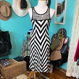 Heart & Hips Black and White Striped Midi Dress with Lace
